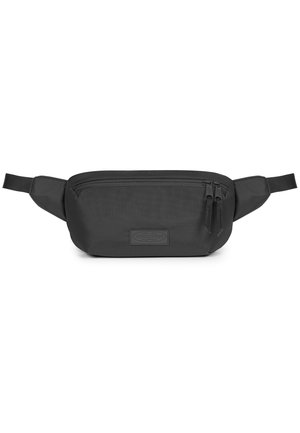 Black nylon fanny pack with a smooth texture, zip closure, and two zipper pulls. Features a logo patch on the front and adjustable straps.