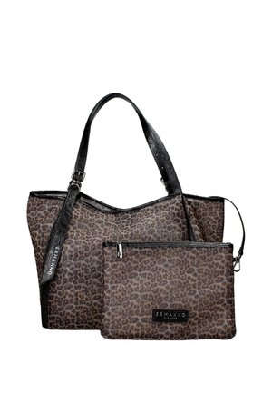 Borsa tote con stampa leopardata, manici in pelle nera e pochette abbinata con cerniera, entrambe etichettate Ermano Firenze.