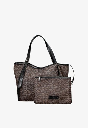 Borsa tote con stampa leopardata, manici in pelle nera e pochette abbinata con cerniera, entrambe etichettate Ermano Firenze.