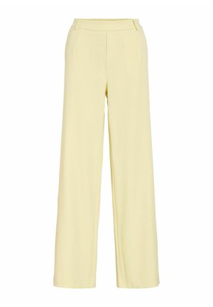 Pantaloni giallo chiaro a gamba larga con vita alta e sottili pieghe frontali, mostrati distesi su uno sfondo bianco.