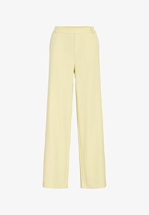 Pantaloni giallo chiaro a gamba larga con vita alta e sottili pieghe frontali, mostrati distesi su uno sfondo bianco.