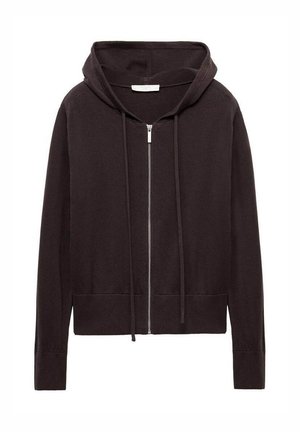Black zip-up hoodie with front pockets, adjustable drawstring hood, and ribbed cuffs and hem.