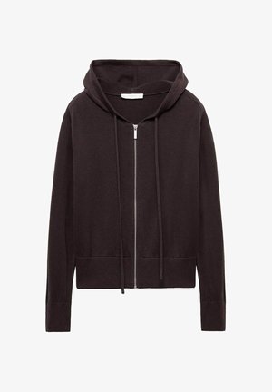 Zwarte zip-up hoodie met voorzakken, verstelbare trekkoordcapuchon en ribgebreide manchetten en onderkant.