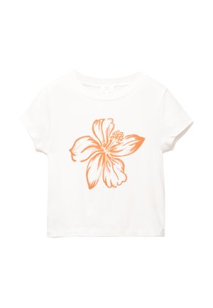 Hvid bomulds t-shirt med korte ærmer, der har en orange blomstret grafisk illustration i midten. Glat tekstur, rund halsudskæring.