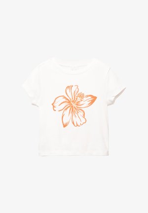 Witte katoenen t-shirt met korte mouwen, voorzien van een oranje bloemenillustratie in het midden. Gladde textuur, ronde hals.