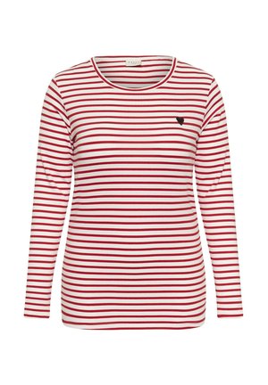 Red and white striped long-sleeve top, made of smooth fabric, features a round neckline and a small black heart accent on the left chest.