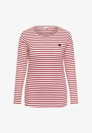 Rood-witte gestreepte lange mouwen top, gemaakt van gladde stof, heeft een ronde halslijn en een klein zwart hartaccent op de linkerborst.