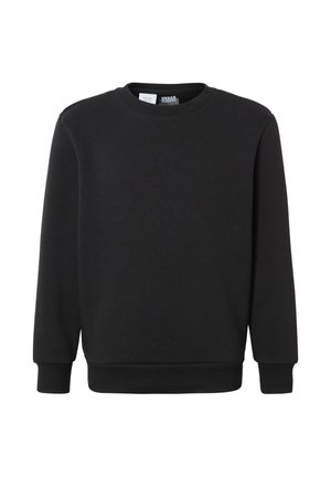 Sweat-shirt noir à manches longues avec col rond, poignets et ourlet côtelés, présenté sur un fond blanc.