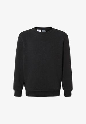 Sweat-shirt noir à manches longues avec col rond, poignets et ourlet côtelés, présenté sur un fond blanc.