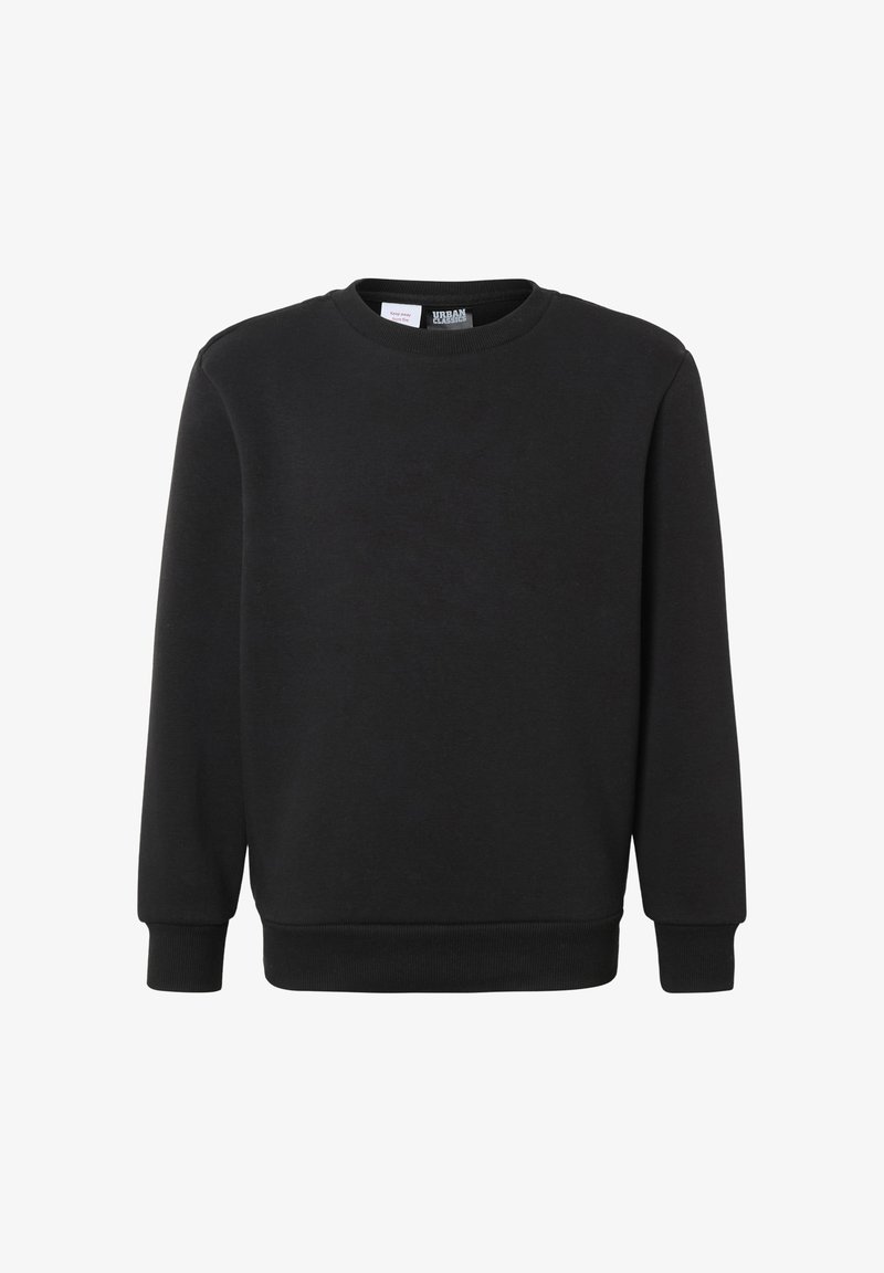 Sweat-shirt noir à manches longues avec col rond, poignets et ourlet côtelés, présenté sur un fond blanc.
