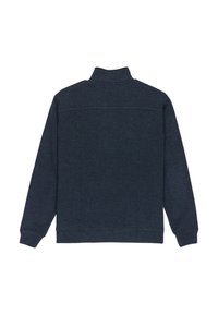 Navy blue pullover sweater with a high collar, long sleeves, and a textured fabric. Features a back seam across the shoulders.
