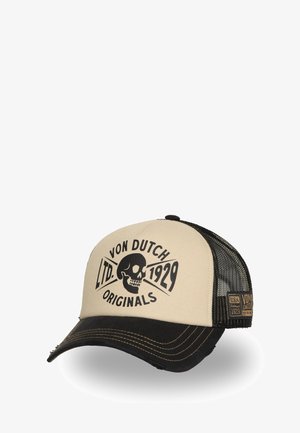 Casquette de camionneur avec un devant beige, une visière noire et un dos en maille. Présente un motif de crâne noir et le texte "VON DUTCH LTD. 1929 ORIGINALS".