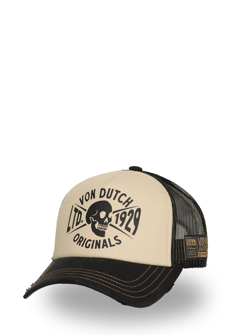 Casquette de camionneur avec un devant beige, une visière noire et un dos en maille. Présente un motif de crâne noir et le texte "VON DUTCH LTD. 1929 ORIGINALS".