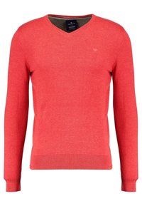 Herrtröja med lång ärm och V-ringning i enfärgad korallröd, med ribbade ärmslut och nederkant, och med en liten broderad logotyp på bröstet.