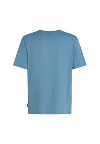 T-shirt en coton bleu, à manches courtes, col rond, texture uni, étiquette visible sur le côté gauche près de l'ourlet. Vue de dos présentée.