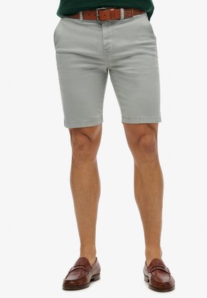 Pantaloni corti grigi chiari da uomo realizzati in misto cotone, con un design elegante, passanti per la cintura e tasche. Abbinati a mocassini marroni.