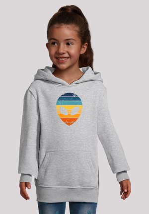 Grauer Kapuzenpullover mit einem bunten Alien-Graphic und horizontalen Streifen in Blau, Orange und Gelb. Mit Bündchen an den Ärmeln und einer Fronttasche.