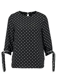 Černá halenka s bílými puntíky, tříčtvrtečními rukávy a uvázanými manžetami. Kulatý výstřih se zadním průstřihem na zadní straně. Hladká textura látky.