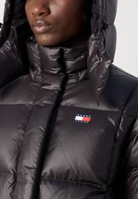 Juodas pūkinis švarkas su aukšta apykakle ir kapišonu. Pagamintas iš blizgaus audinio, su siūlėmis ir mažesniu daugiaspalviu logotipu ant krūtinės.