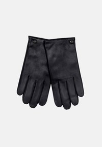 Schwarze Lederhandschuhe mit glatter Oberfläche, die eine enganpassende, klassische Form aufweisen und kleine metallische Akzente im Handgelenkbereich haben.