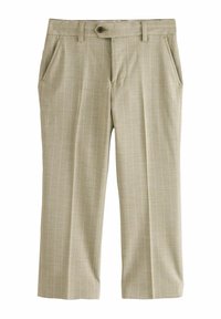 Pantaloni beige con una sottile trama a righe verticali, realizzati in un tessuto lavorato. Presentano tasche laterali e una chiusura a bottone in vita.