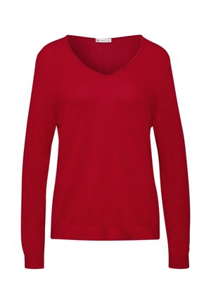 Jersey rojo de manga larga con un amplio escote en V, hecho de un suave tejido de punto. Presenta puños y dobladillo acanalados, con un diseño simple y clásico.