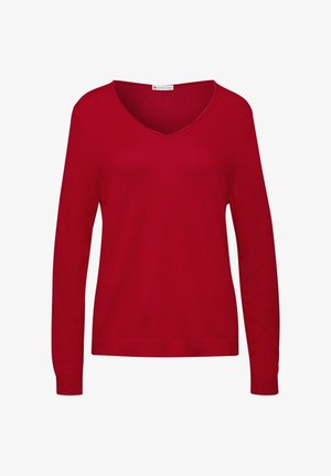 Rode longsleeve trui met een brede V-hals, gemaakt van zacht gebreid materiaal. Kenmerkt zich door ribgebreide mouwen en onderkant, eenvoudig en klassiek ontwerp.