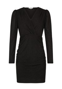 Robe noire à manches longues, avec un drapé au niveau de la taille et une texture légèrement scintillante. Le décolleté en V ajoute une touche d'élégance.