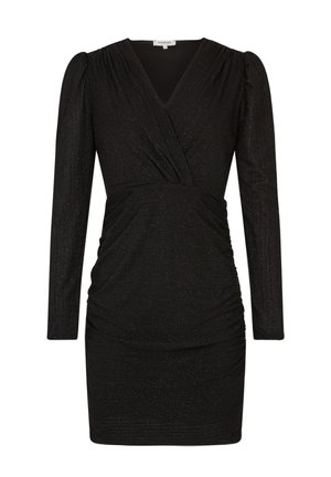 Abito avvolgente nero con maniche lunghe, dettagli arricciati in vita e una texture leggermente lucida. Il design a V conferisce eleganza.