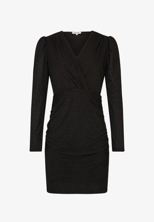 Abito avvolgente nero con maniche lunghe, dettagli arricciati in vita e una texture leggermente lucida. Il design a V conferisce eleganza.