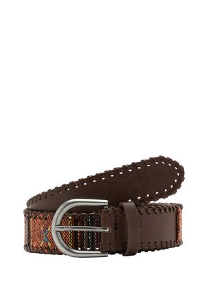 Ceinture en cuir marron avec centre en tissu tissé coloré et bords cousus, avec une boucle en métal argenté.