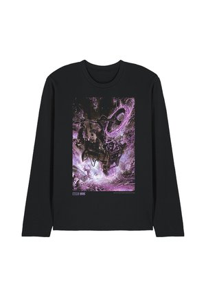 Black long-sleeve shirt with a Marvel Ghost Rider graphic showing a fiery figure on a motorcycle surrounded by purple flames and chains.