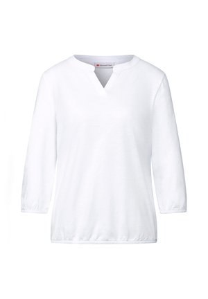 Vit långärmad topp med V-ringning och elastiska ärmslut. Mjuk tyg med en avslappnad passform och rak fåll, lämplig för vardagsbruk.