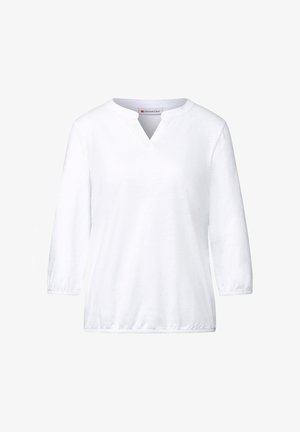 White long-sleeve top with a V-neck and elasticized cuffs. Soft fabric with a relaxed fit and straight hem, suitable for casual wear.