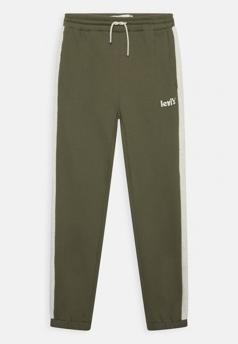 Olijf groene sweatpants met elastische tailleband, witte zijstrepen en Levi's logo aan de linkerzijde. Gemaakt van zacht katoen materiaal.