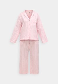 Ροζ πιτζάμες με καρό σχέδιο gingham, μακριά μανίκια, κουμπιά μπροστά και τσέπη στο πουκάμισο· φαρδιά παντελόνια με ελαστική μέση.