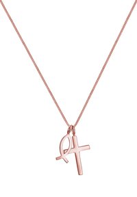 Collar de oro rosa con símbolos entrelazados: un pez y una cruz, sobre una cadena delicada con una textura fina.