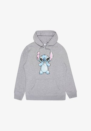 Szara bluza z kapturem z dużą grafiką z przodu przedstawiającą niebieską postać z kreskówki z różowymi uszami. Posiada kieszeń typu kangur oraz regulowany kaptur.