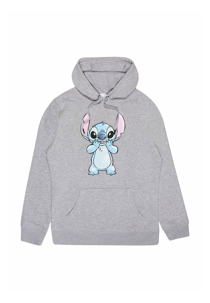Felpa grigia con un grande graphic anteriore di un personaggio dei cartoni animati blu con orecchie rosa. Include una tasca a marsupio e cappuccio regolabile.