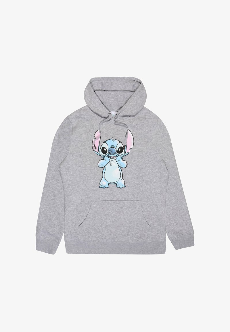 Felpa grigia con un grande graphic anteriore di un personaggio dei cartoni animati blu con orecchie rosa. Include una tasca a marsupio e cappuccio regolabile.