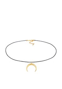 Guld halvmåne vedhæng på en sort snorhalskæde, med et enkelt design, justerbar lukning og minimalistiske accenter.