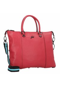 Borsa a spalla in pelle rossa con finitura testurizzata, manici doppi, tracolla staccabile nera con accento blu e logo discreto sul fronte.