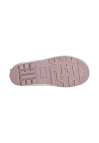 Semelle en caoutchouc de sneaker avec un motif texturé rose, présentant des motifs rectangulaires et en zigzag pour la traction et l'adhérence. Bordée de blanc.