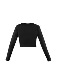 Schwarzes, langärmliges Crop-Top mit Rundhalsausschnitt und tailliertem Design, aus einem glatten, elastischen Material gefertigt. Keine Muster oder Akzente sichtbar.