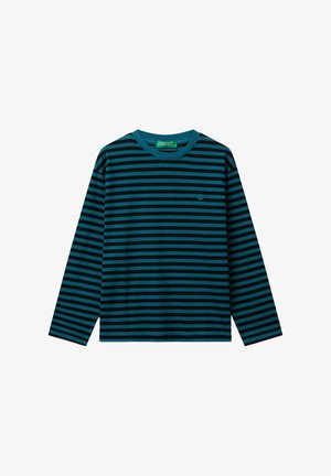Langarmshirt mit Rundhalsausschnitt und horizontalen türkisfarbenen und schwarzen Streifen, kleines gesticktes Logo auf der linken Brust und grüne Markenetikett im Kragen.