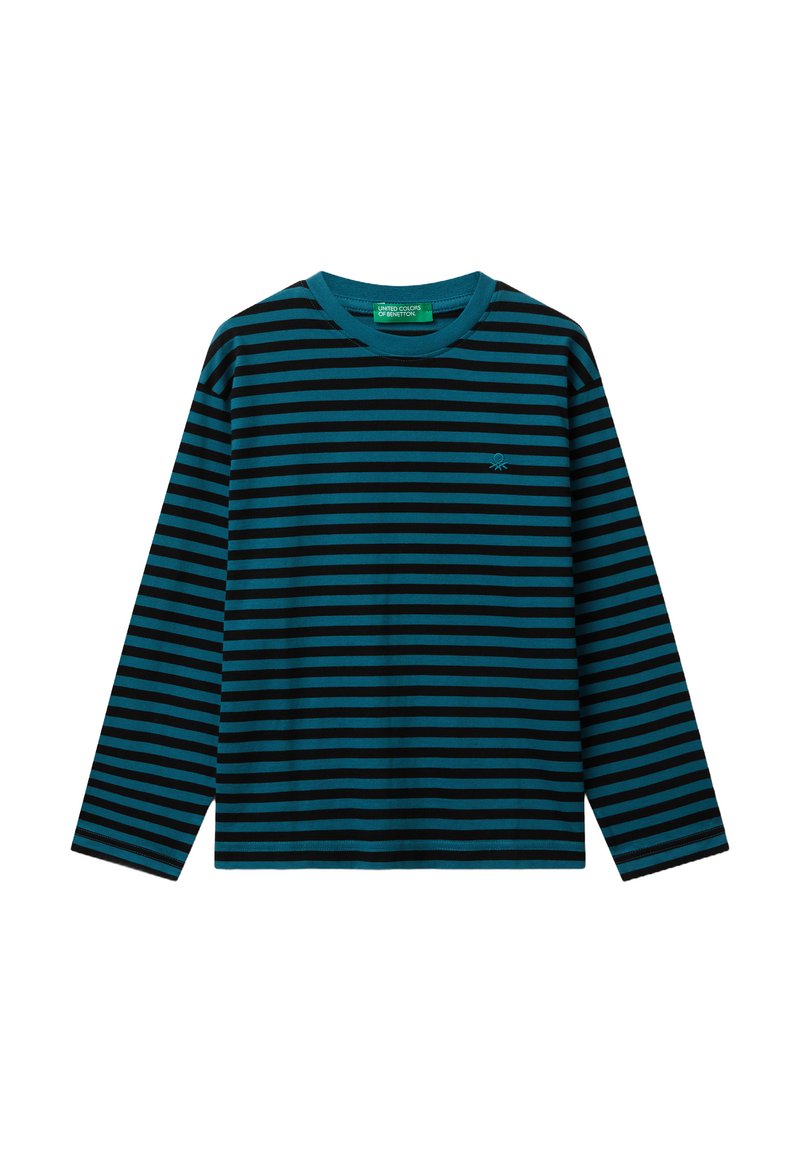 Maglietta a maniche lunghe, con collo rotondo, a righe orizzontali verde acqua e nere, piccolo logo ricamato sul lato sinistro del petto e etichetta verde del brand all'interno del colletto.