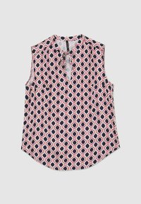Blusa senza maniche bianca, caratterizzata da un motivo geometrico blu navy, rosso e grigio, con un collo a occhio di bue e orlo arrotondato.