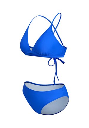 Blauwe bikiniset met een driehoekig topje met verstelbare bandjes en een bikinibroekje met lage taille, beide met een gladde, matte textuur.