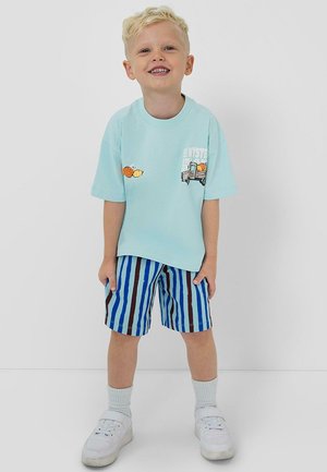 Lächelnder junger Junge mit kurzen blonden Haaren, trägt ein hellblaues T-Shirt mit Obst- und Lastwagenmotiven, gestreifte blaue Shorts, weiße Socken und Turnschuhe.