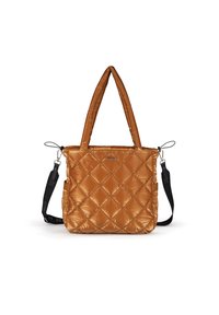 Bolso de tote de nylon marrón acolchado con dos asas y una correa negra desmontable. Presenta bolsillos y un acabado brillante.